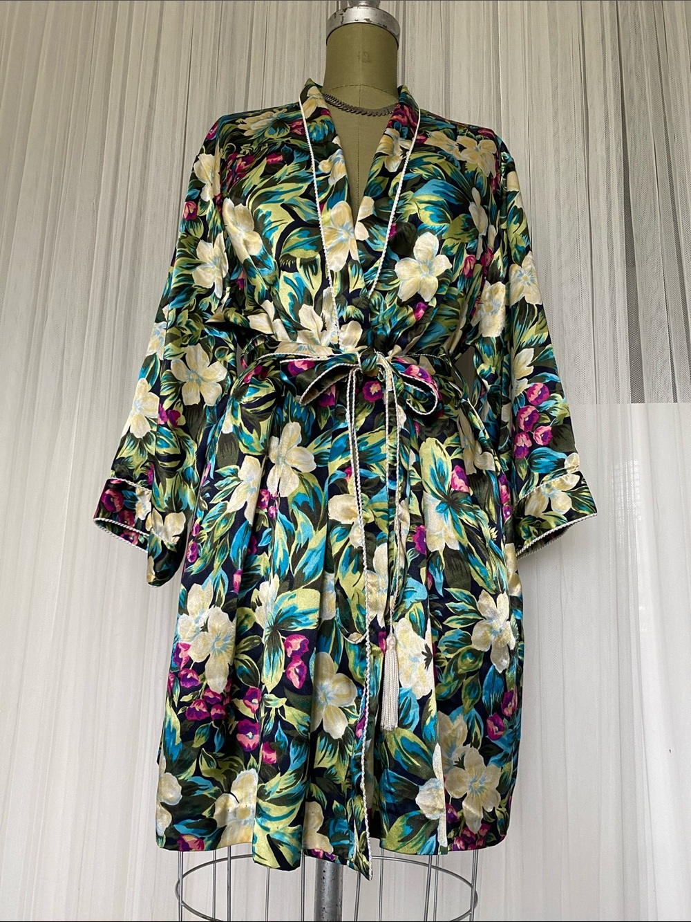Vintage Y2K Christian Dior Floral Satin Wrap Short Robe - Black, Teal & Cream Lg